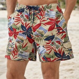 Nautica Men’s L Tropical Print Swim Trunks Shorts Pockets Drawstring Waist